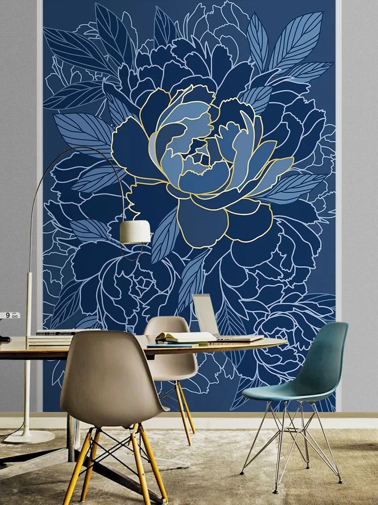 Тёмные обои с пионами в интерьере, ширина 2 метра