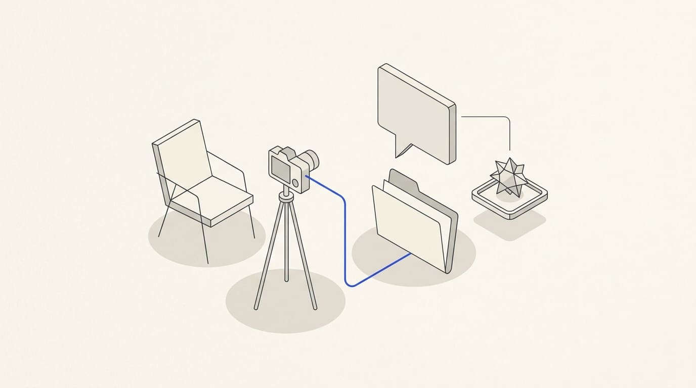 A chair and camera beside a project folder and a conversation bubble above a result object.