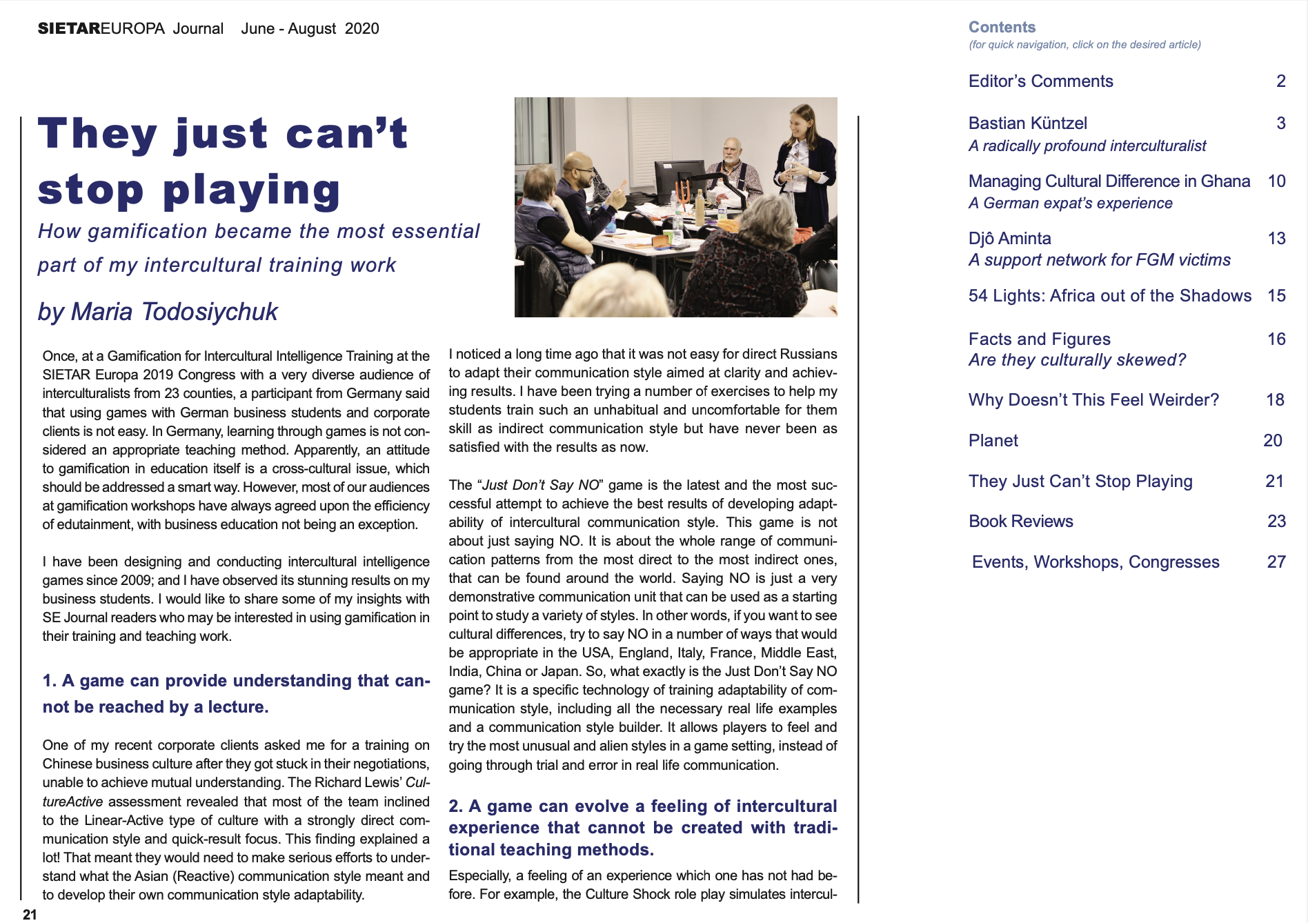 Статья Марии Тодосийчук They just can't stop playing в журнале SIETAR Europa Journal - первая полоса
