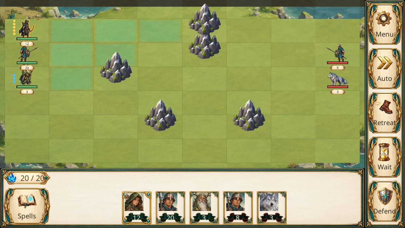 Shards of Dawn battlefield: a grid meadow with rocks, unit stacks on both sides and the Menu, Auto, Retreat, Wait and Defend action bar