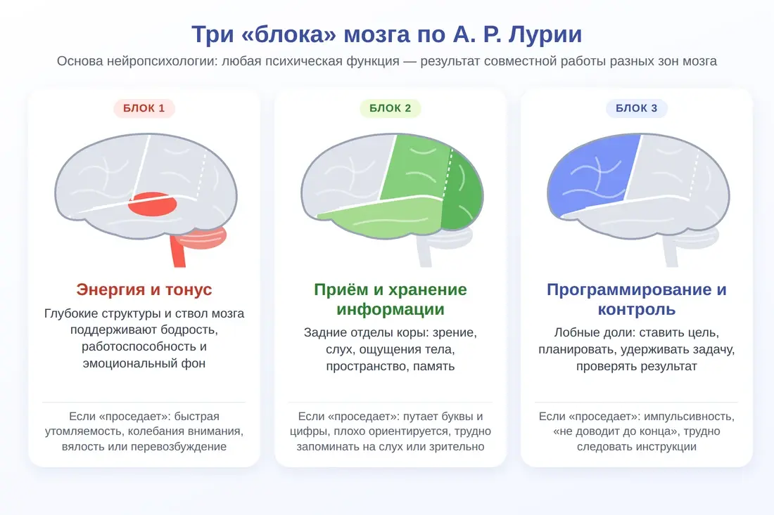 Три функциональных блока мозга по Лурии: энергия, приём информации, программирование и контроль