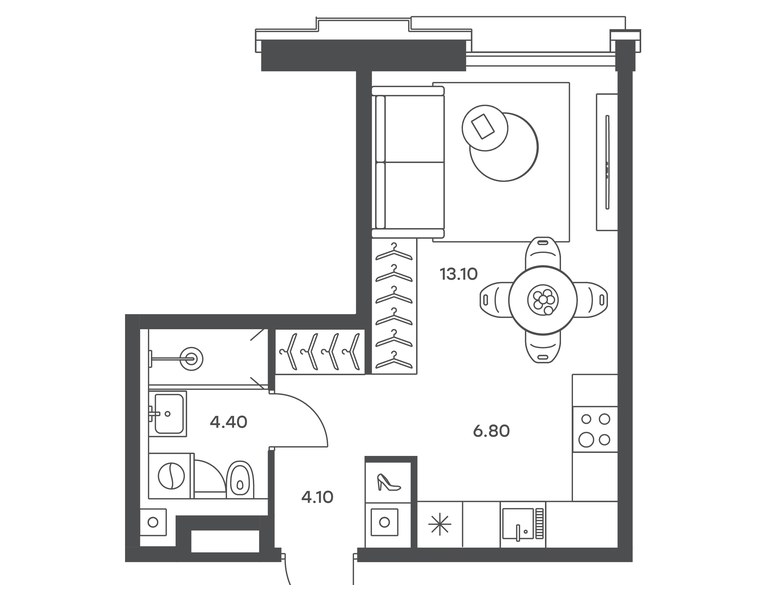 Планировка 1-комнатной квартиры 28,4 м² в ЖК «Инджой»: секция 8, 6-й этаж