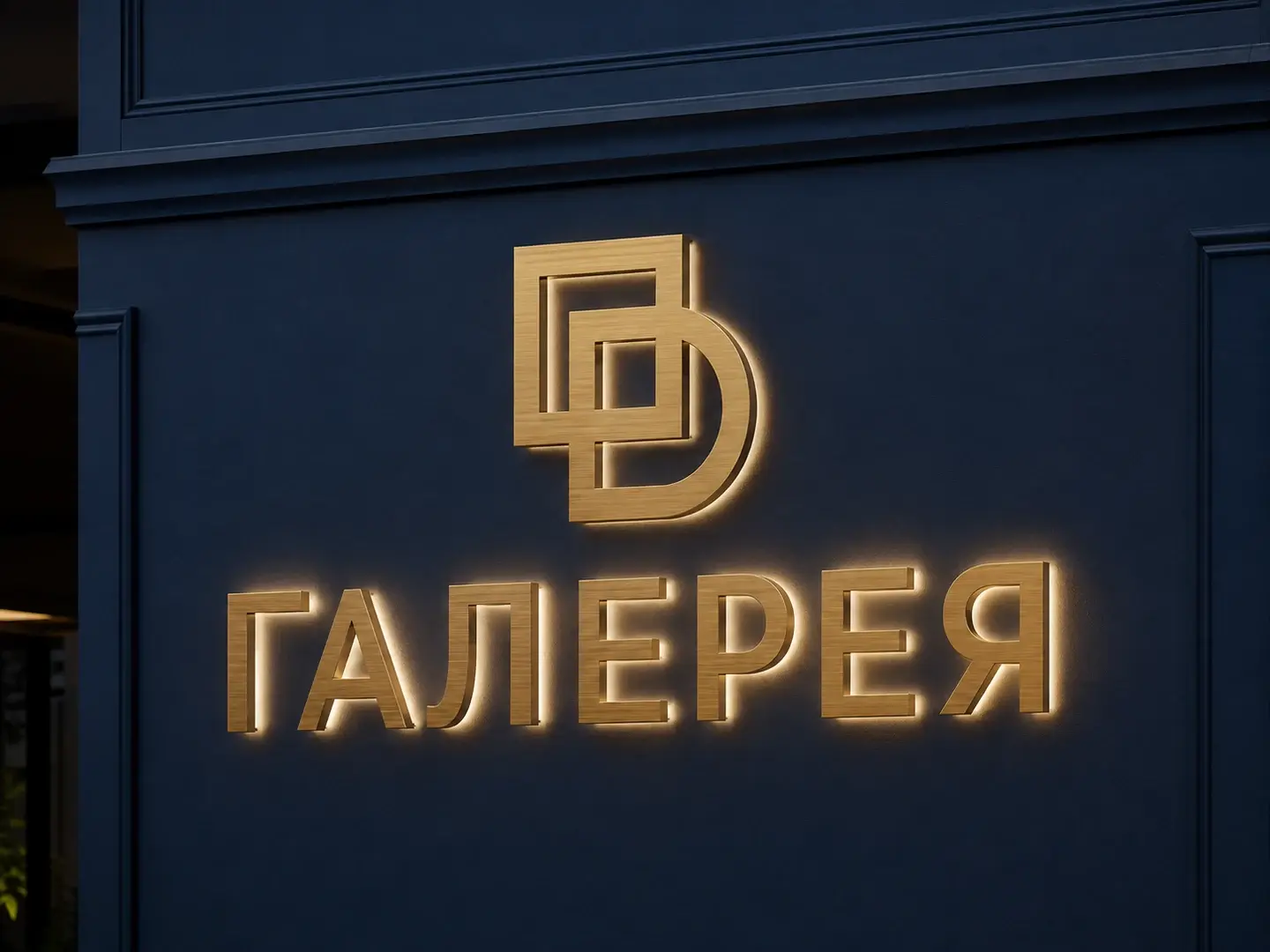Латунная вывеска ГАЛЕРЕЯ с непрозрачным металлическим лицом и задним световым ореолом