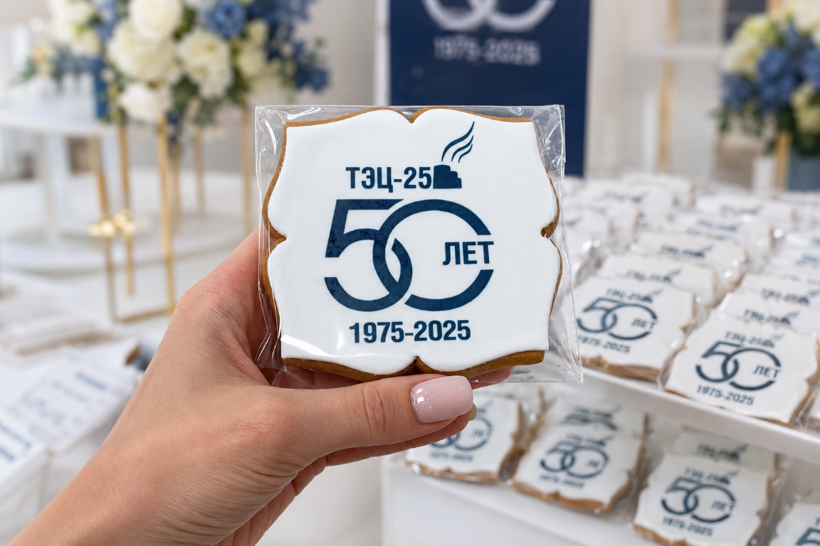 Юбилейные пряники «50 лет ТЭЦ-25» с белой глазурью и фирменной печатью