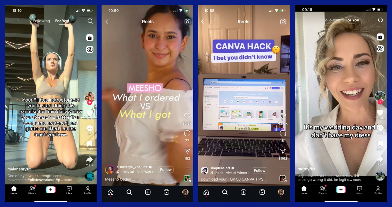The image shows four screenshots: two of them are TikTok videos, two are Instagram Reels videos. The screenshots show that each video has a hook: a phrase added in subtitles that encourages viewers to stick around and watch the video to the end.