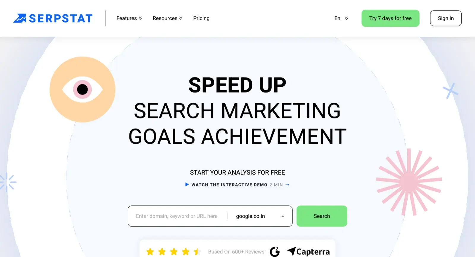 Serpstat homepage, SEO platform with site audit and white label reports
