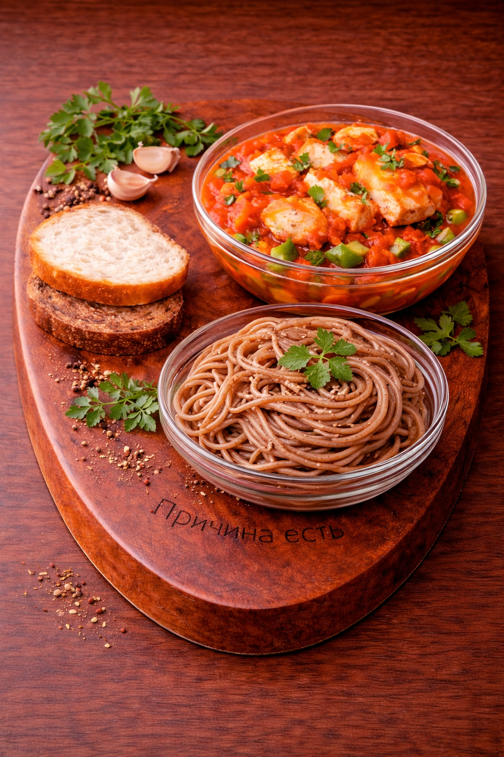 Тилапия в томатном соусе на овощной подушке со спагетти