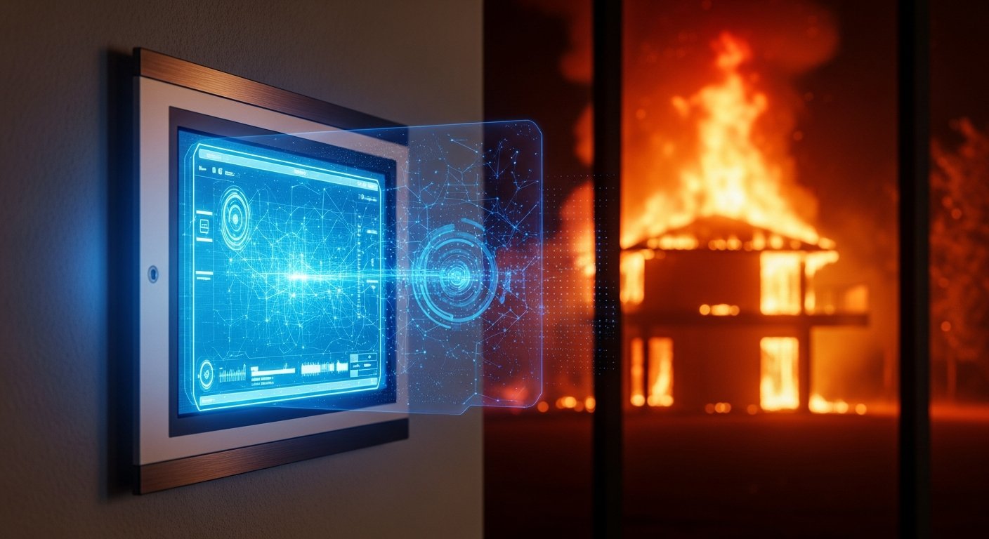 Пожарная сигнализация с горящим домом на фоне и технологическим интерфейсом мониторинга в виде проекции, современный стиль