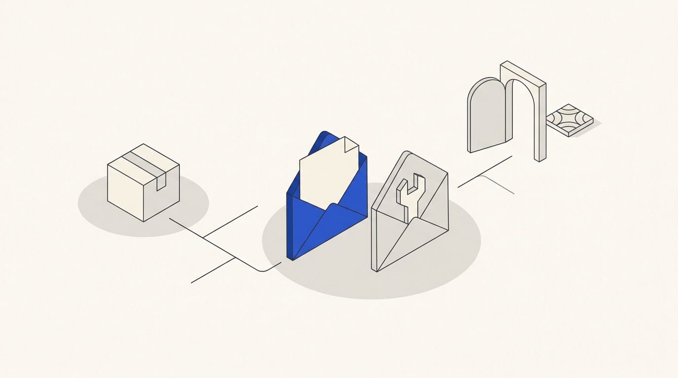 A parcel connects to instruction and support envelopes, with a separate side branch leading to a matching accessory.