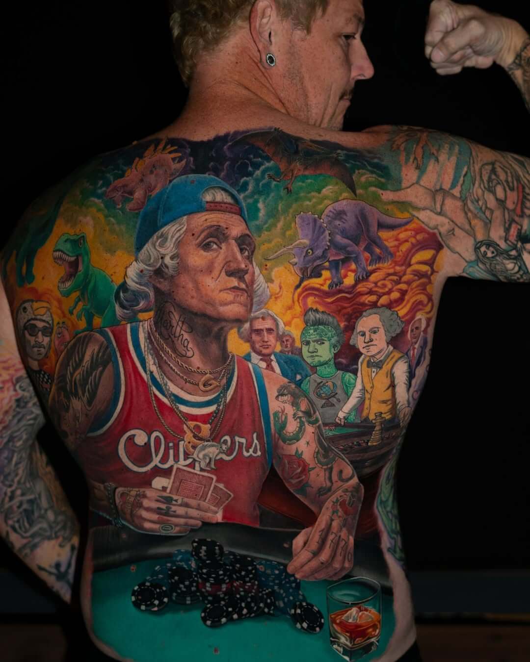 tattoo on the back, Franklin, poker, dinosaurs
