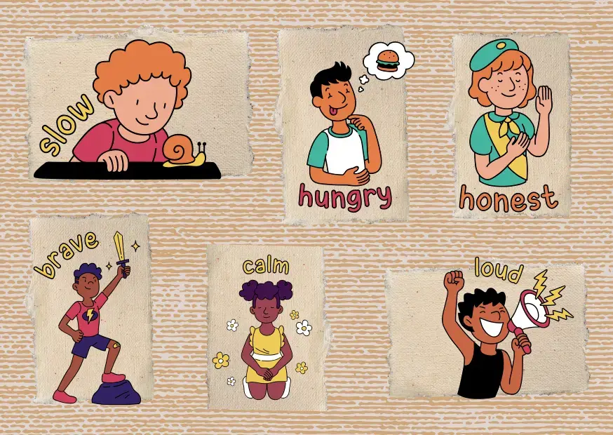Английские прилагательные с иллюстрациями: slow, hungry, honest, brave, calm, loud
