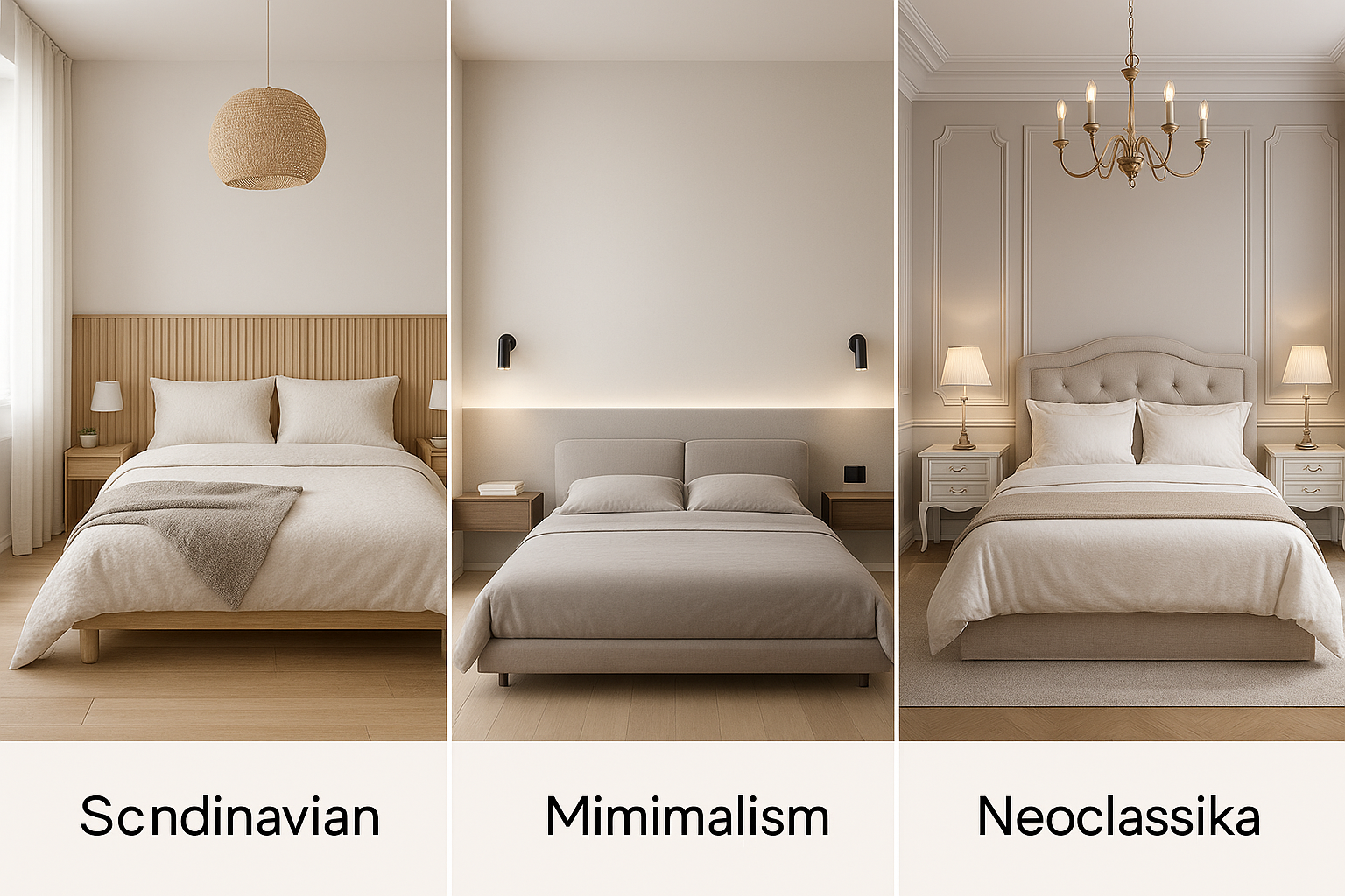 Коллаж из трёх стилей оформления спальни: скандинавский, минимализм и неоклассика