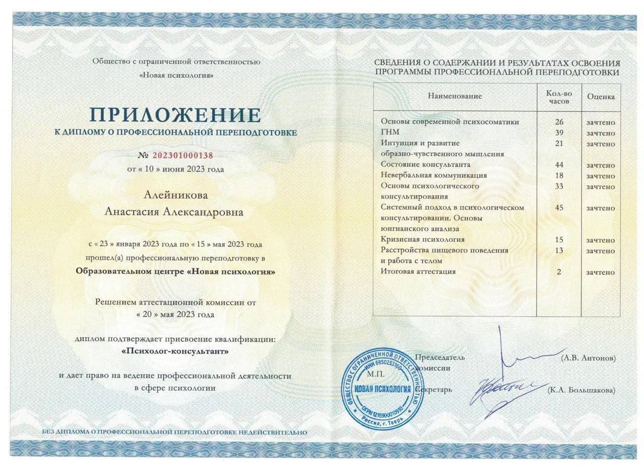 Приложение к диплому о профессиональной переподготовке