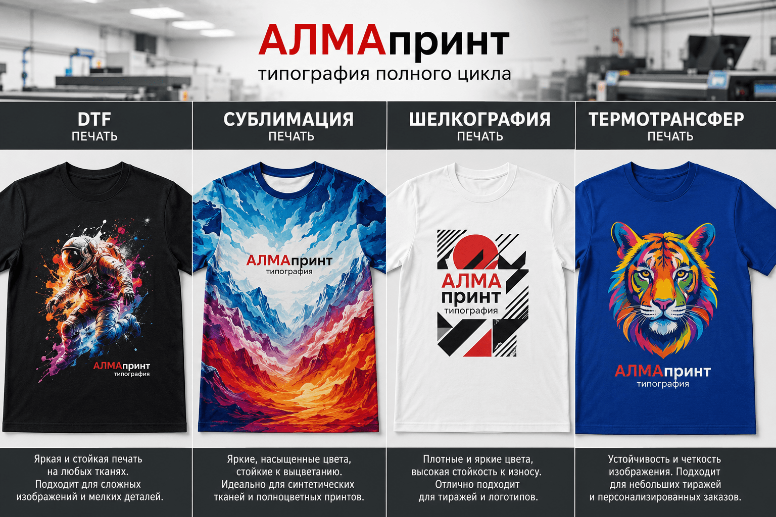 Способы печати на футболках: DTF, сублимация, шелкография и термотрансфер