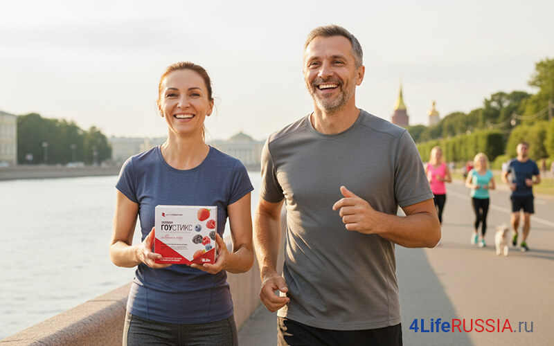 Мужчина и женщина бегут по набережной, женщина держит упаковку 4Life Energy Go Stix