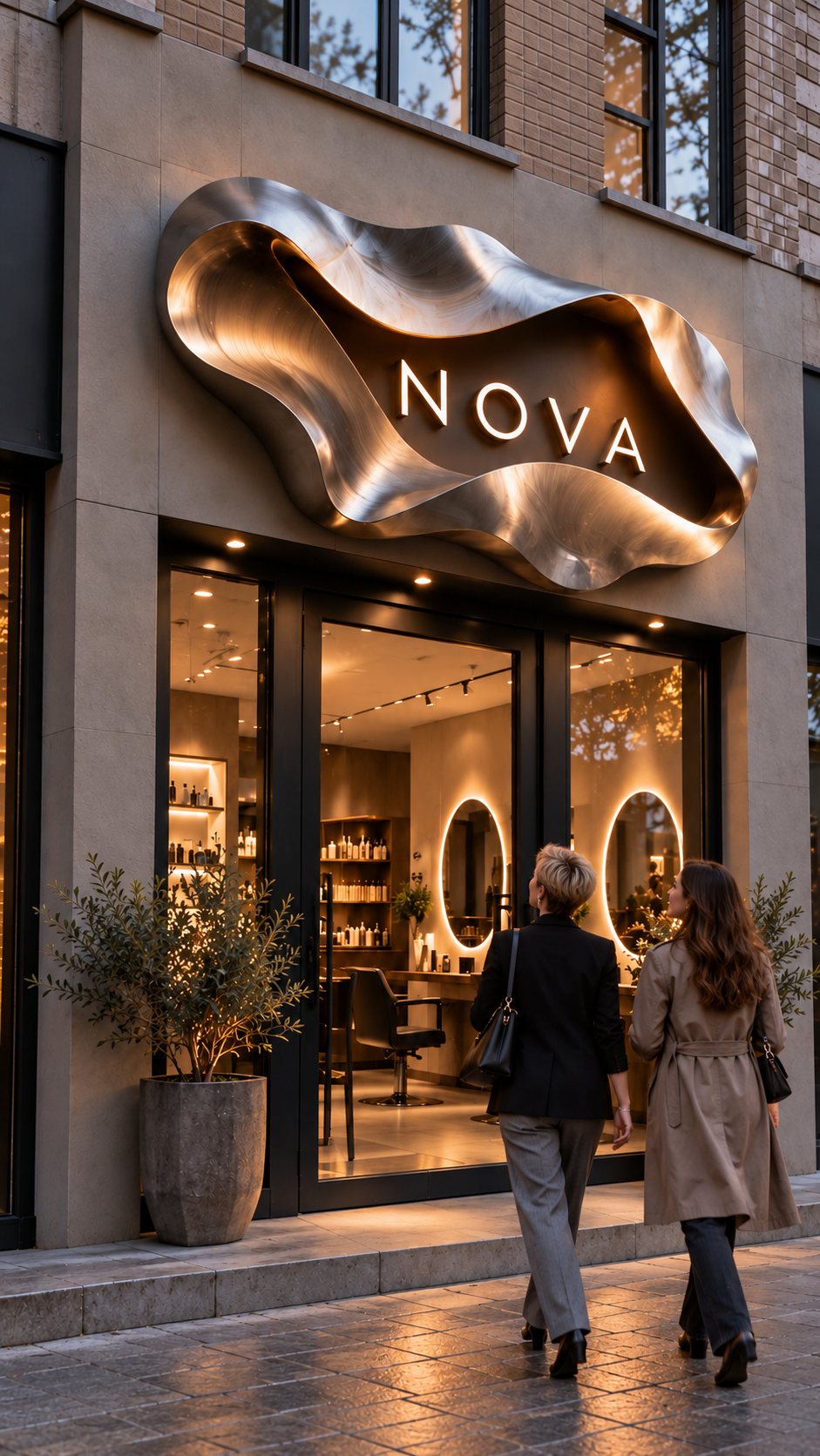 NOVA — скульптурная вывеска, посетители у входа