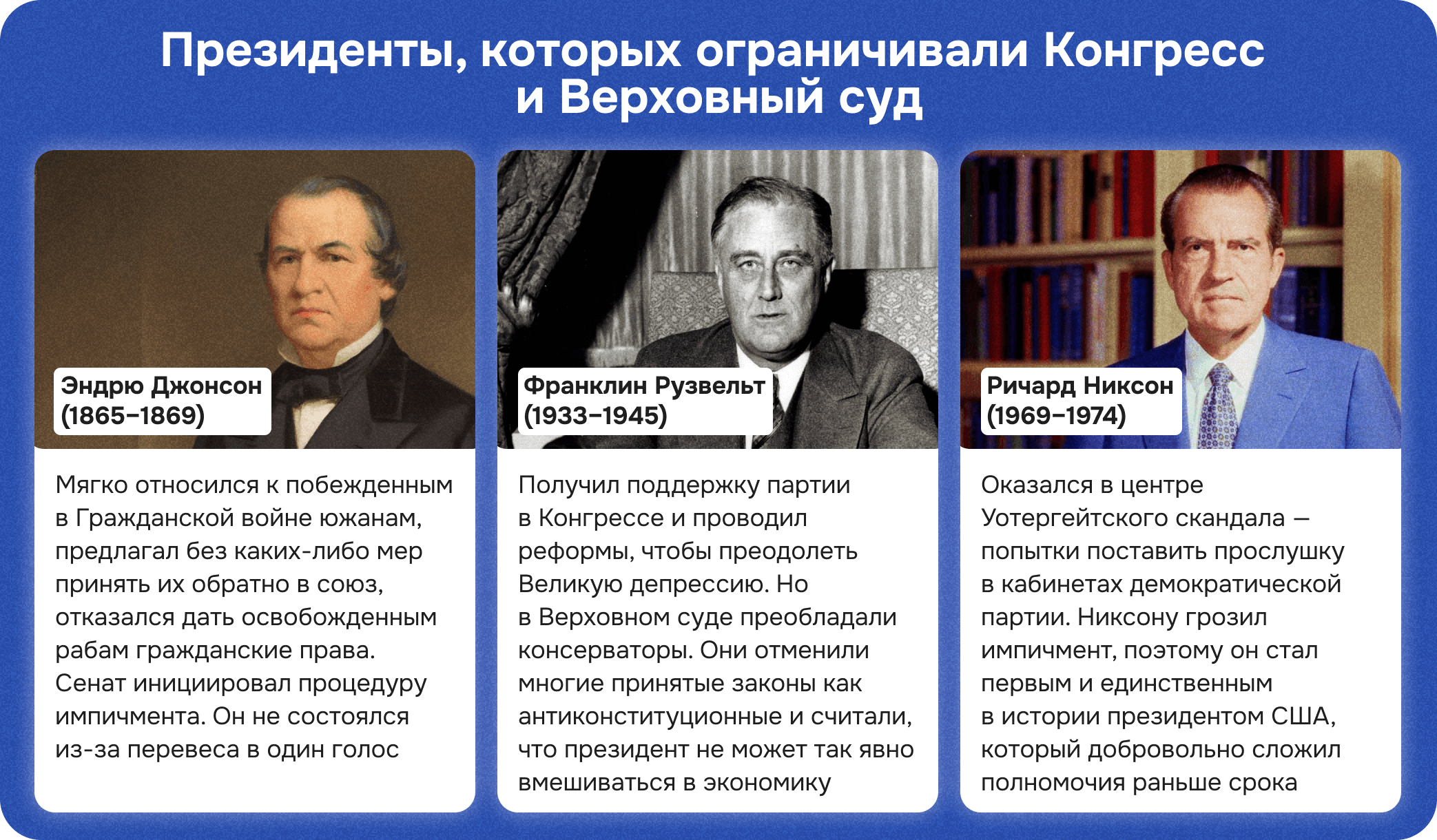 президенты сша, президенты, которых ограничивали конгресс и верховный суд, эндрю джонсон, франклин рузвельт, ричард никсон