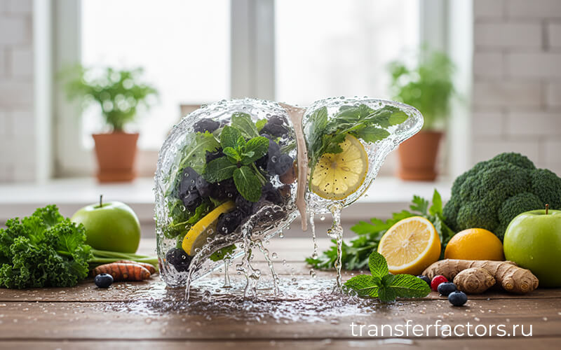 4Life Transfer Factor: как безопасно «почистить печень» — фрукты и зелень в воде, лимон и ягоды как символ мягкой разгрузки