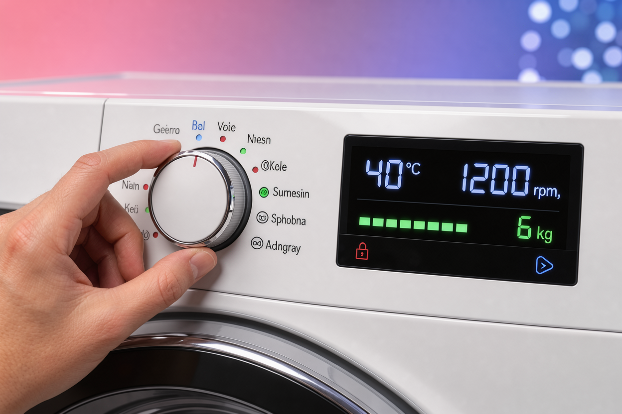 Close-up of a washing machine control dial and digital display being set to the correct temperature and spin speed, load indicator visible