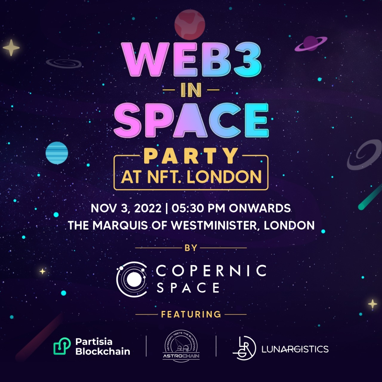 Web3 in Outer Space party at NFT.London with Copernic Space