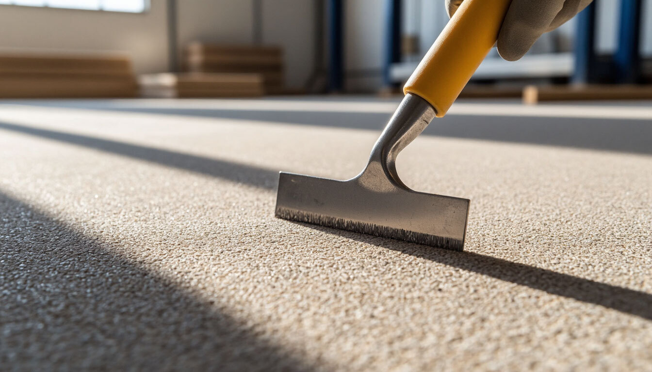 esin stone carpet surface being leveled with a metal trowel