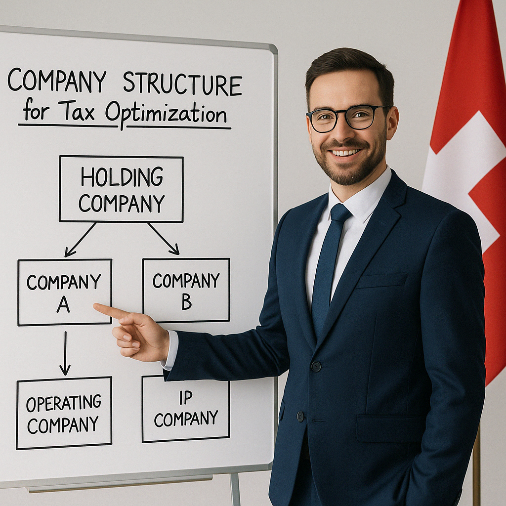 Schweizer Unternehmer zeigt auf Whiteboard mit Firmenstruktur aus drei Gesellschaften zur Steueroptimierung