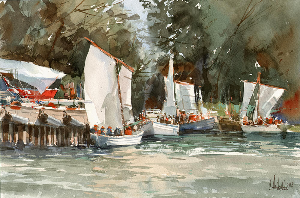 Training boats. 2018. Watercolor on paper, 36x56 cm