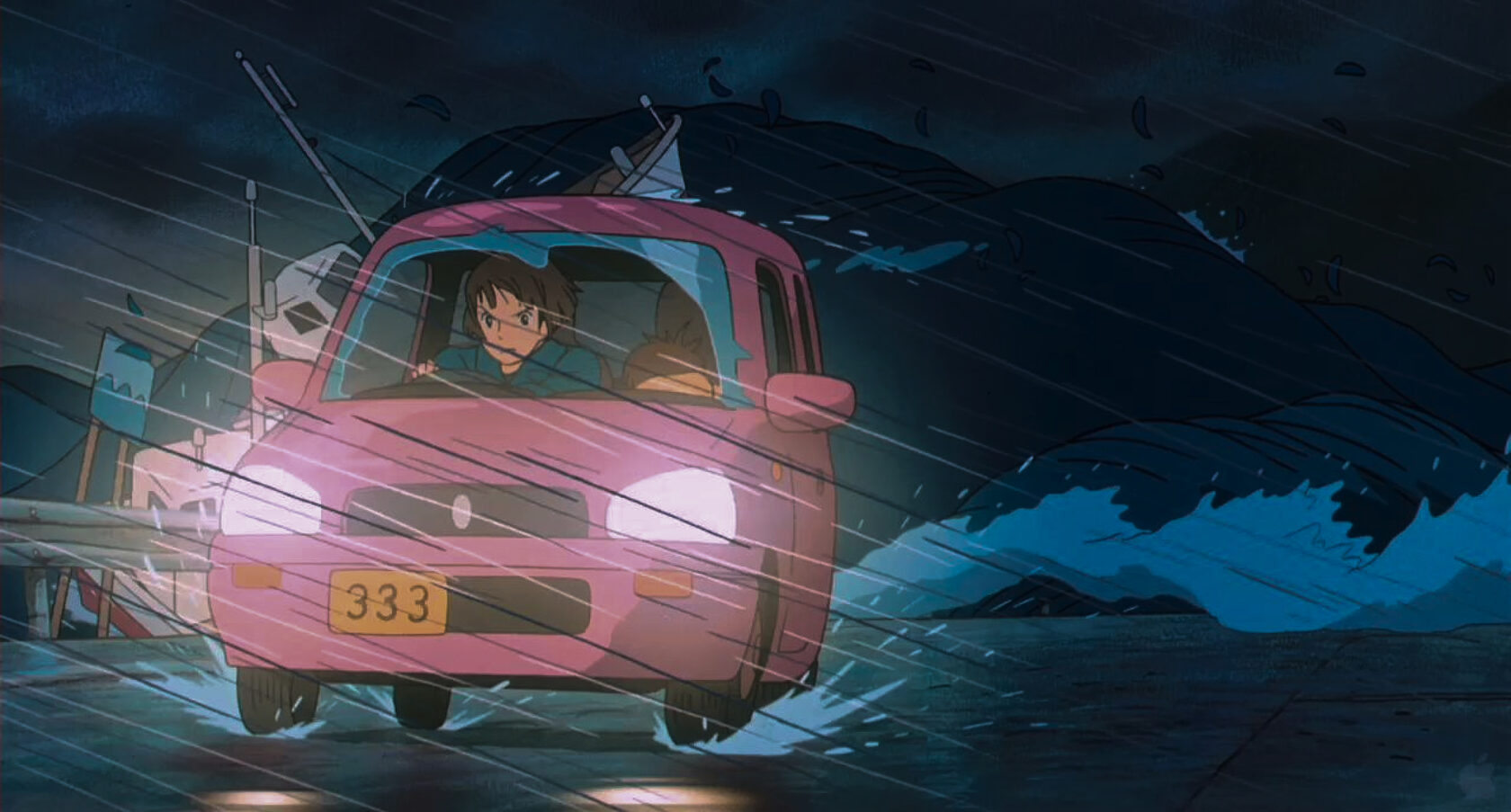 a woman drives through the storm and ocean waves in the small pink car