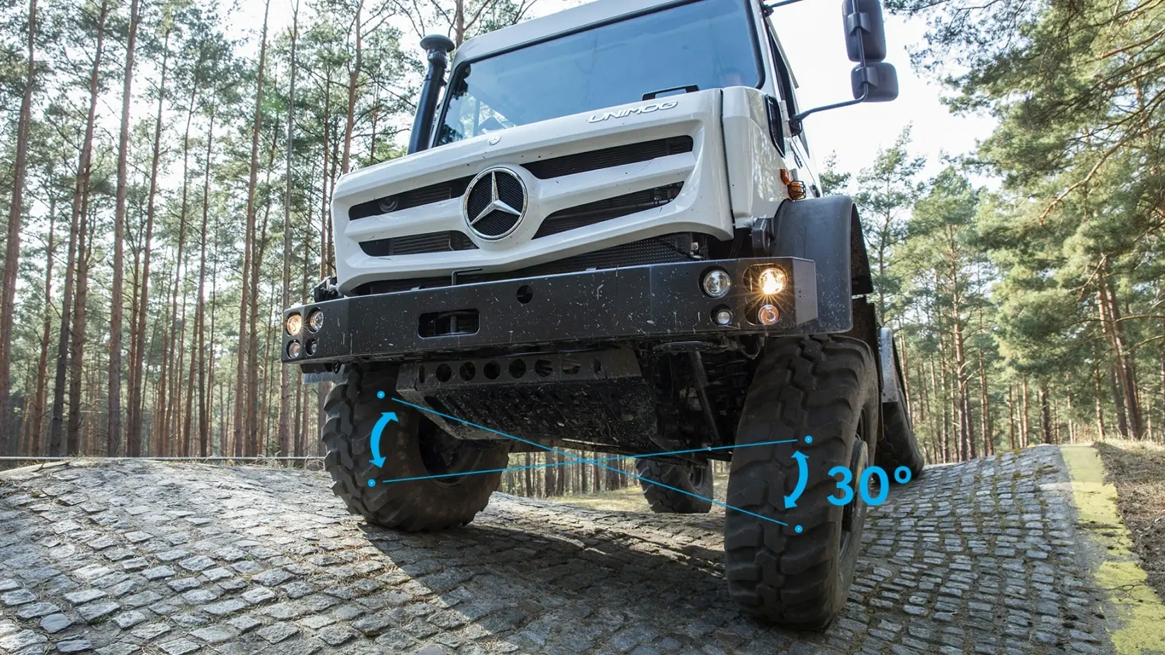 Unimog на крутой каменистой дороге: перекос мостов до 30°