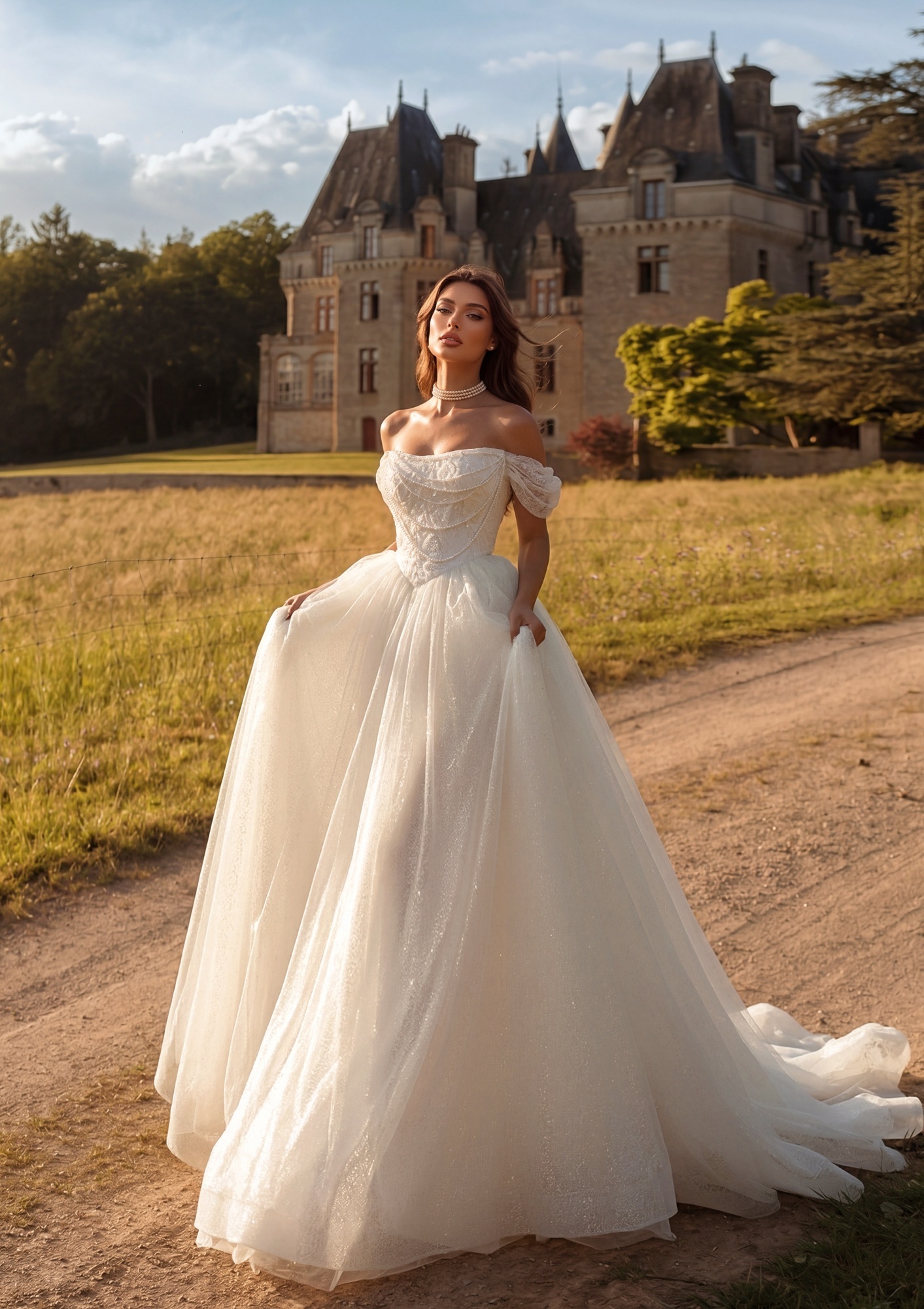 воздушное свадебное платье с открытыми плечами