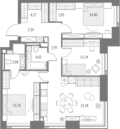 4-комнатная 87,5 м²