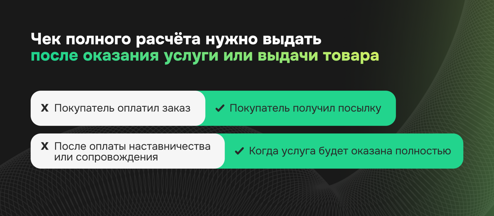 Сравнение правильного и неправильного момента выдачи чека полного расчёта