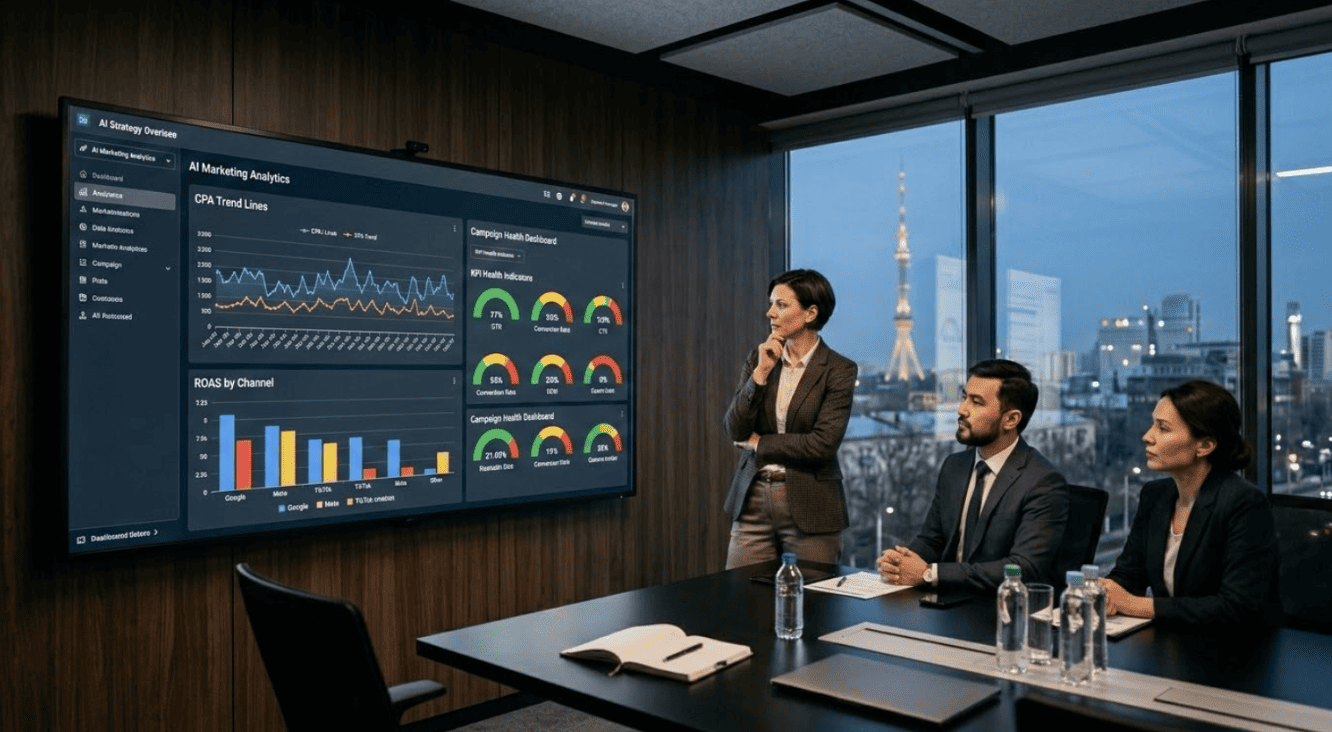A CMO team in a Tashkent conference room reviews AI marketing performance metrics including CPA and ROAS data, illustrating how autonomous platforms change marketing efficiency reporting.