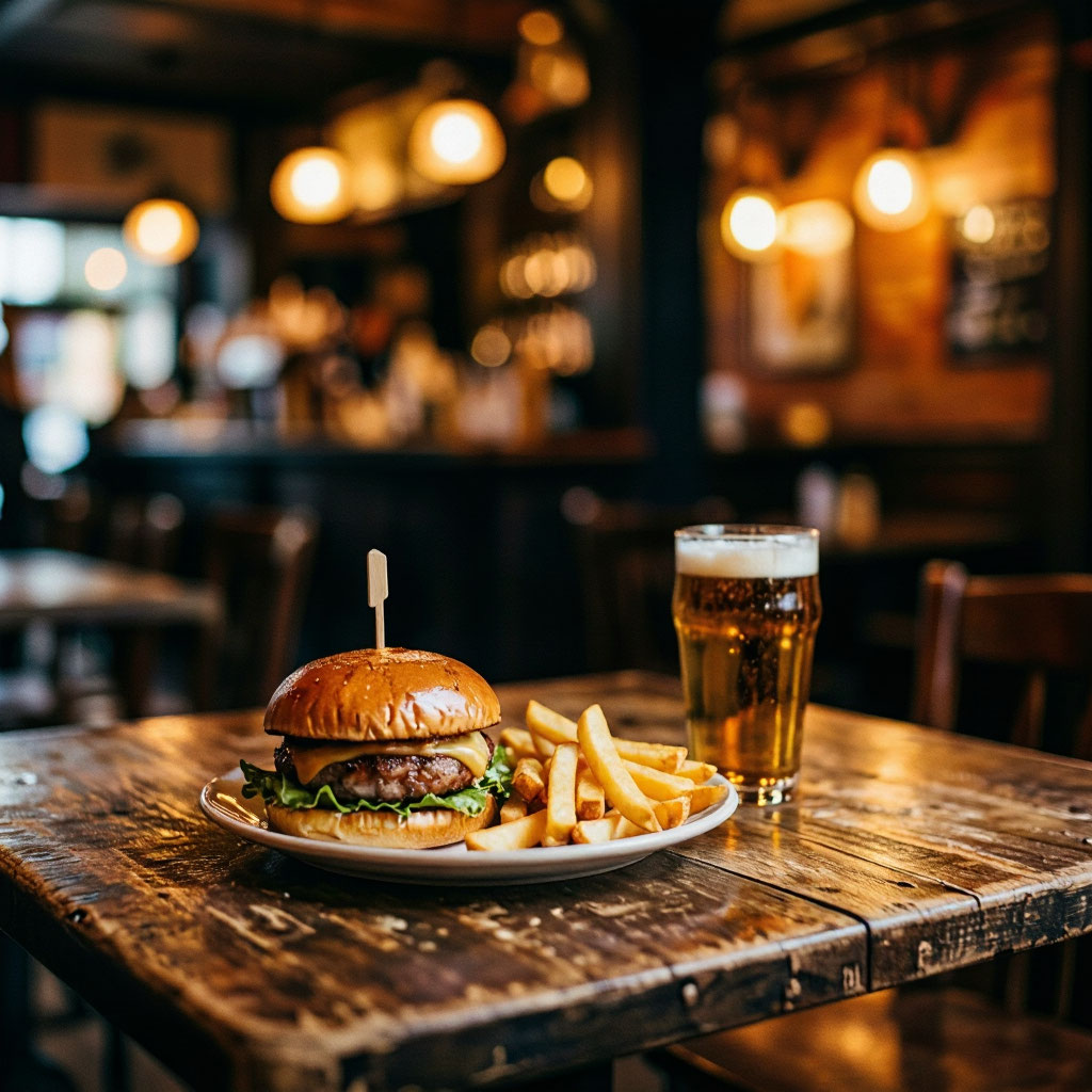 Блюда и пиво на столе Beer House