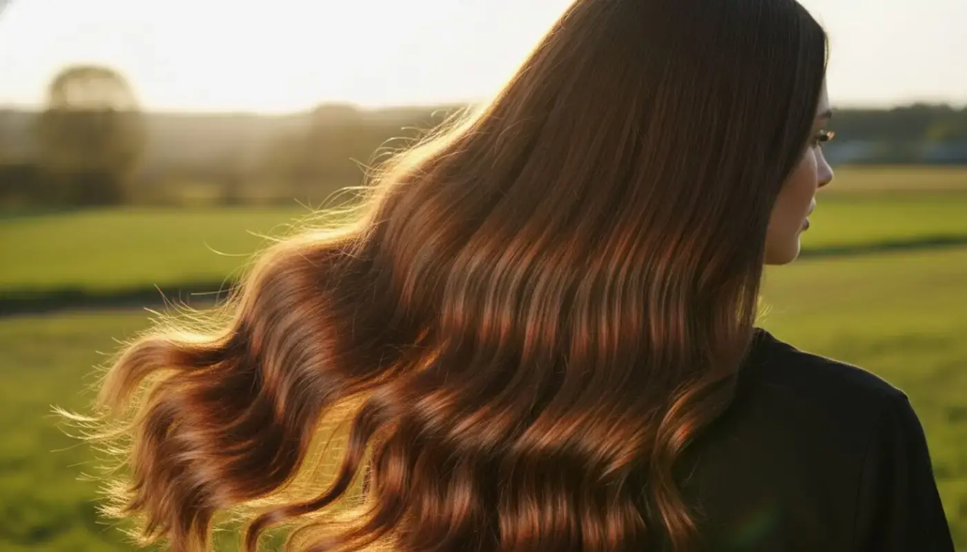 Крупный план здоровых, блестящих волос, струящихся на свету, символизирующий ухоженность и силу.