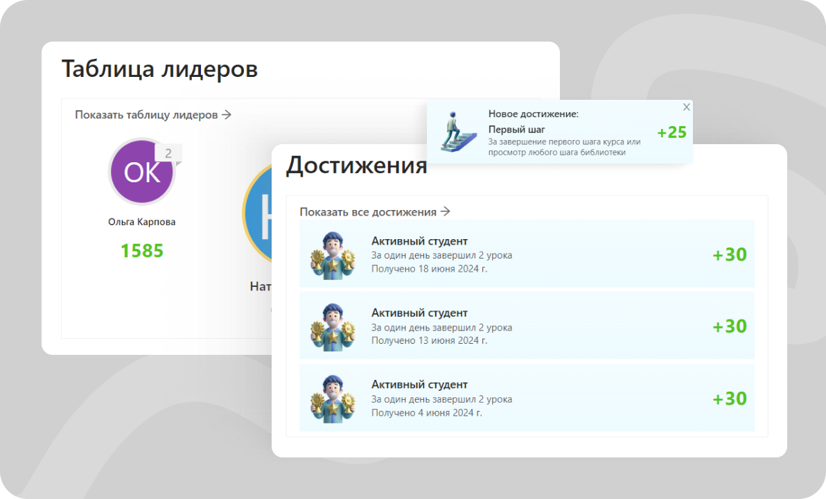 Достижения и бонусы с таблицы лидеров в игровом формате обучения