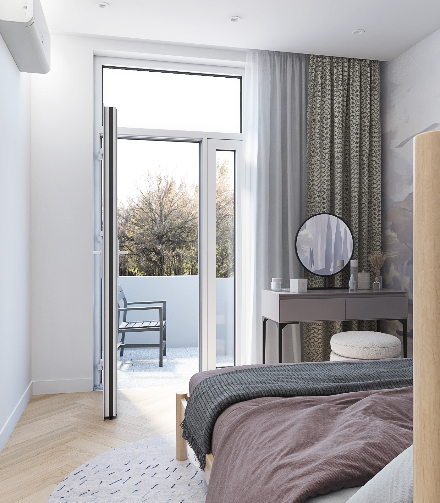 Выход на балкон в спальне. туалетный стол в спальне с зеркалом 