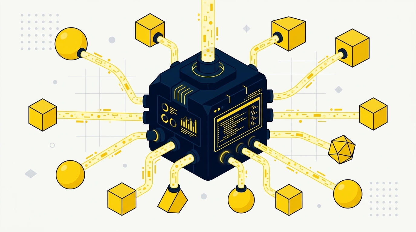 Flat geometric illustration of a decentralized network of creators plugging directly into an AI algorithmic engine.