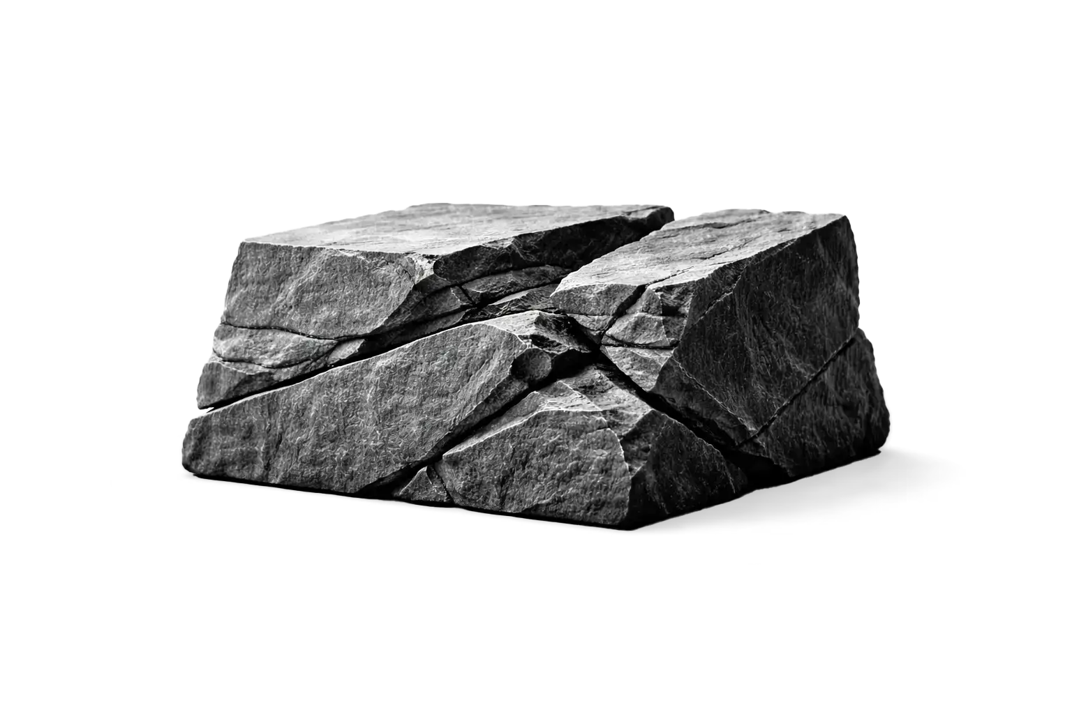 Абстрактная каменная форма с видимыми внутренними трещинами и структурными линиями, скала, раскрывающая свою внутреннюю сложность, пересекающиеся слои сланца, техничный и инженерный подход