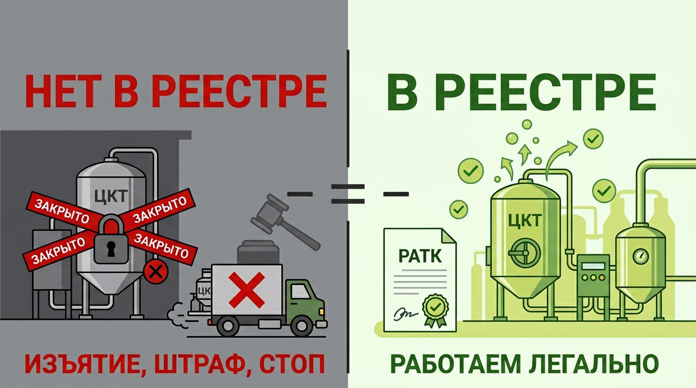Сравнение: компания не включена в реестр производителей пива — изъятие оборудования и штраф; компания в реестре — легальная работа и зелёные галочки