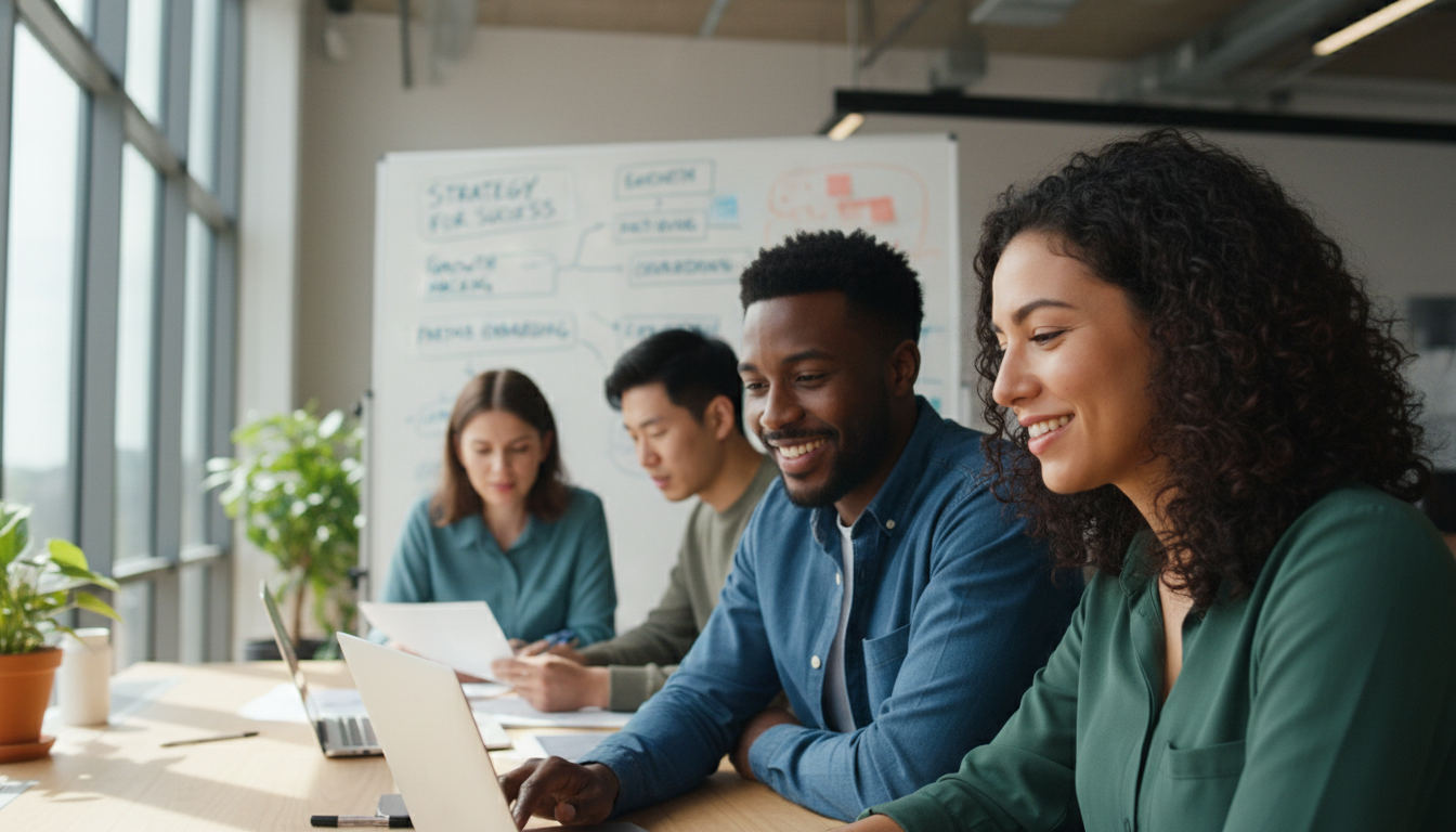   Profesionales diseñando un programa de socios fintech en un entorno de oficina moderno.