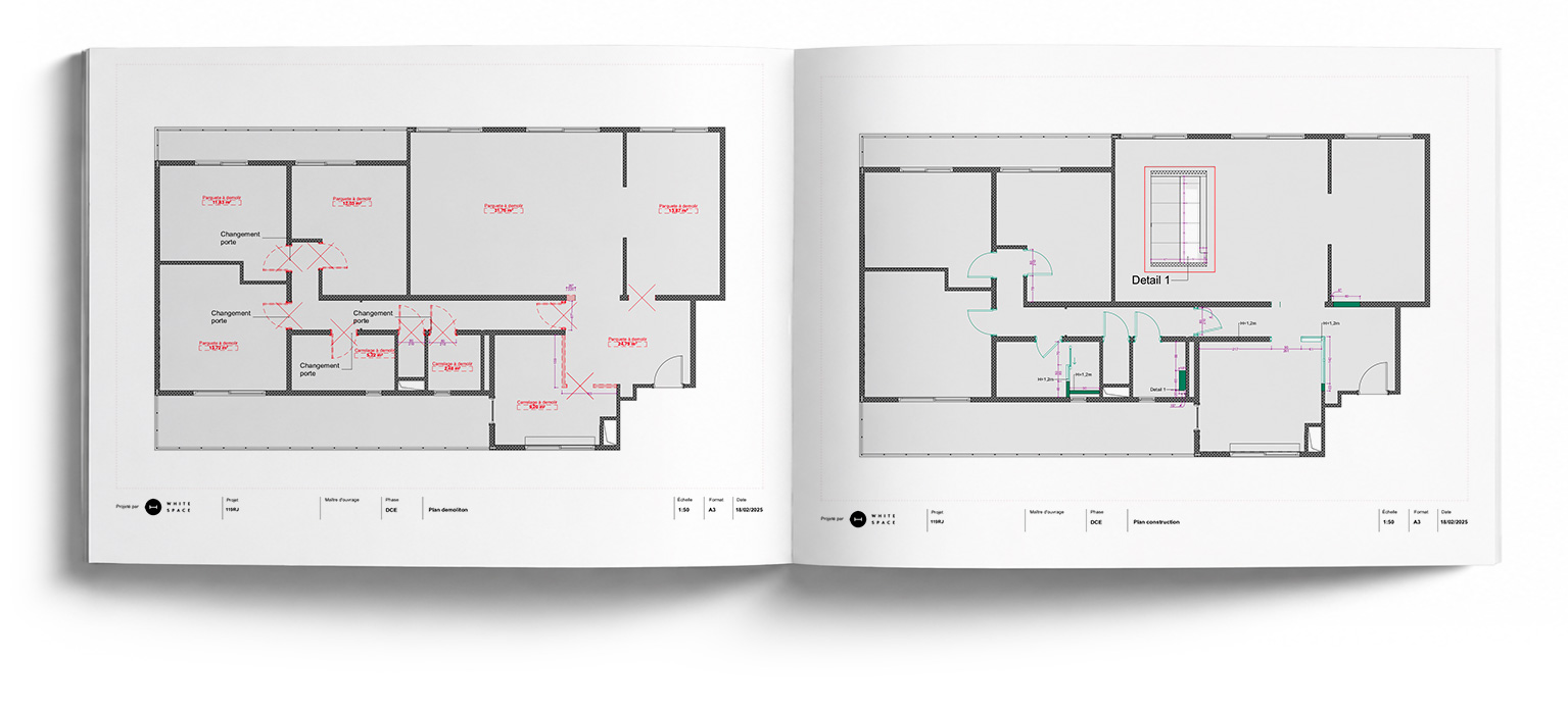 Plan de démolition indiquant les éléments à déposer dans un projet de rénovation d’appartement