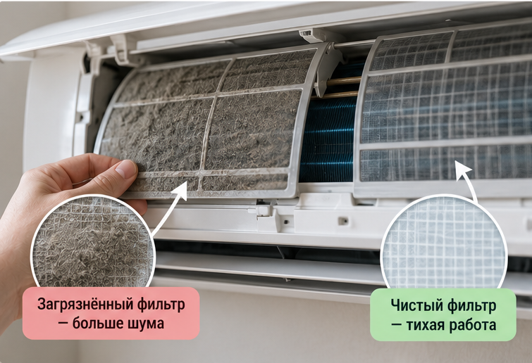 Загрязненный фильтр кондиционера как причина шума