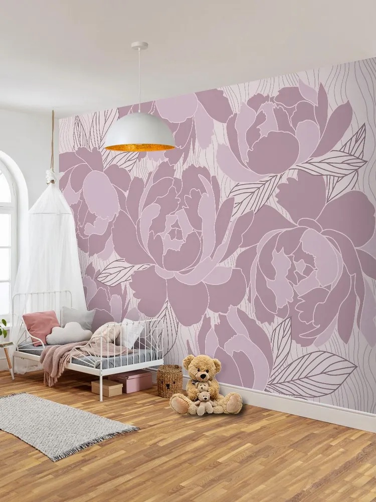 Светло-розовые обои пионы в интерьере, ширина 4 метра