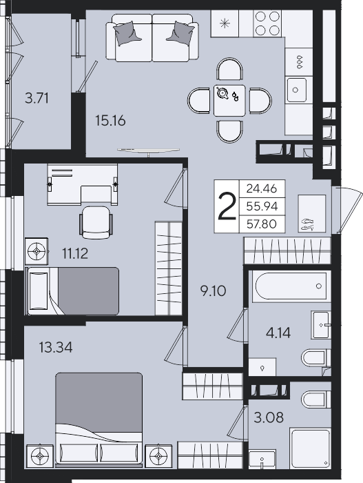 2-комнатная 57,80 м²