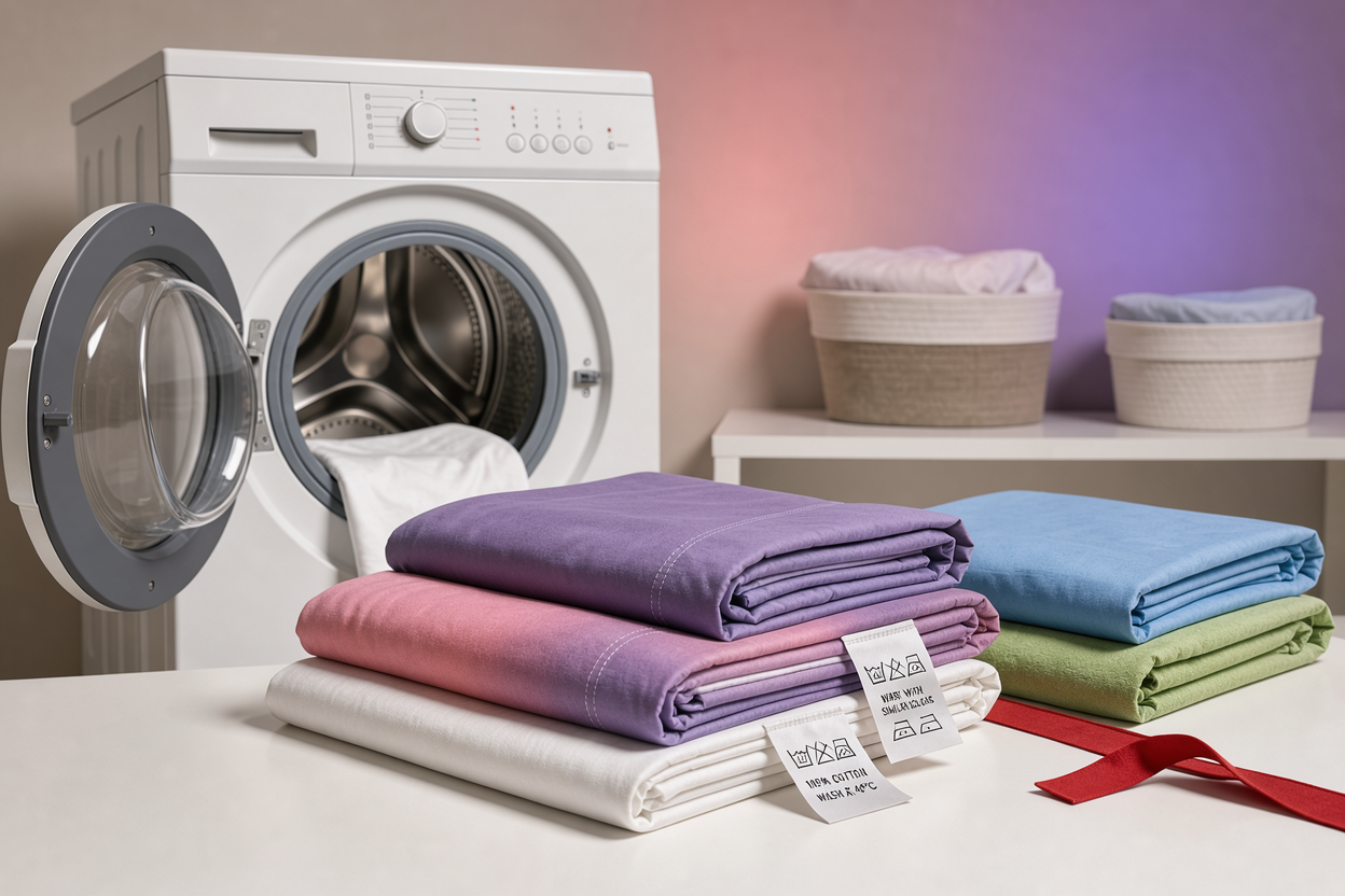 Open washing machine with gently folded bed linen nearby and fabric care labels visible, no brand logos, neutral home interior