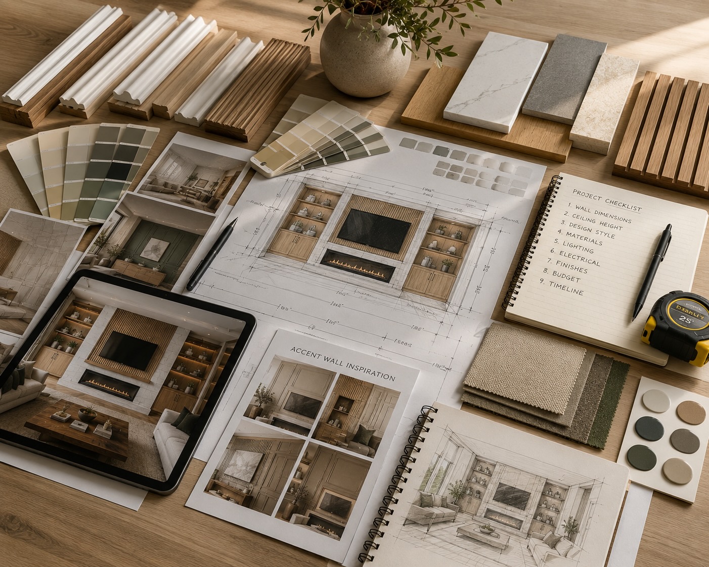 Interior design consultation workspace with architectural plans, material samples, finish selections, and custom accent wall concepts for Colorado homes.