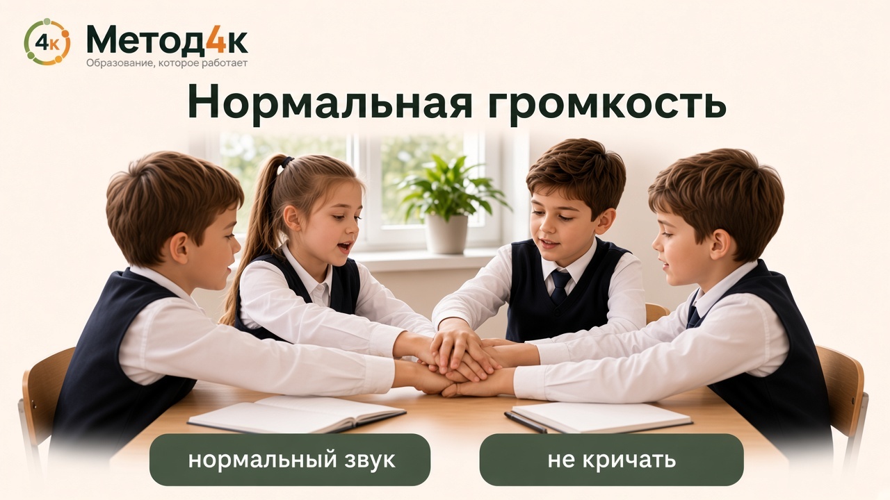 Четверо детей держатся за руки и делают шипучку обычным голосом, без крика