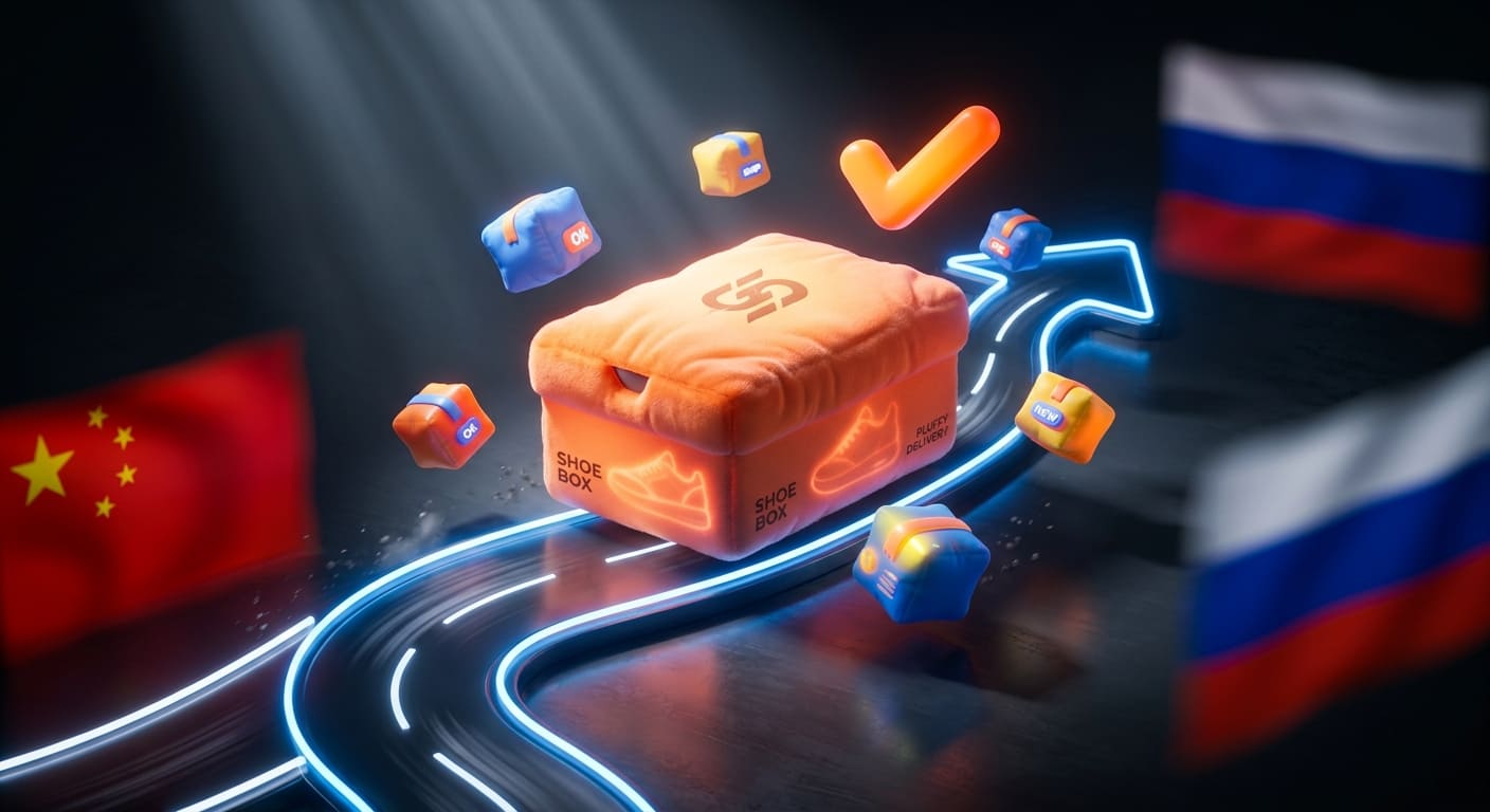 Коробка Nike едет из Китая в Россию, вокруг мелкие посылки, 3D-рендер