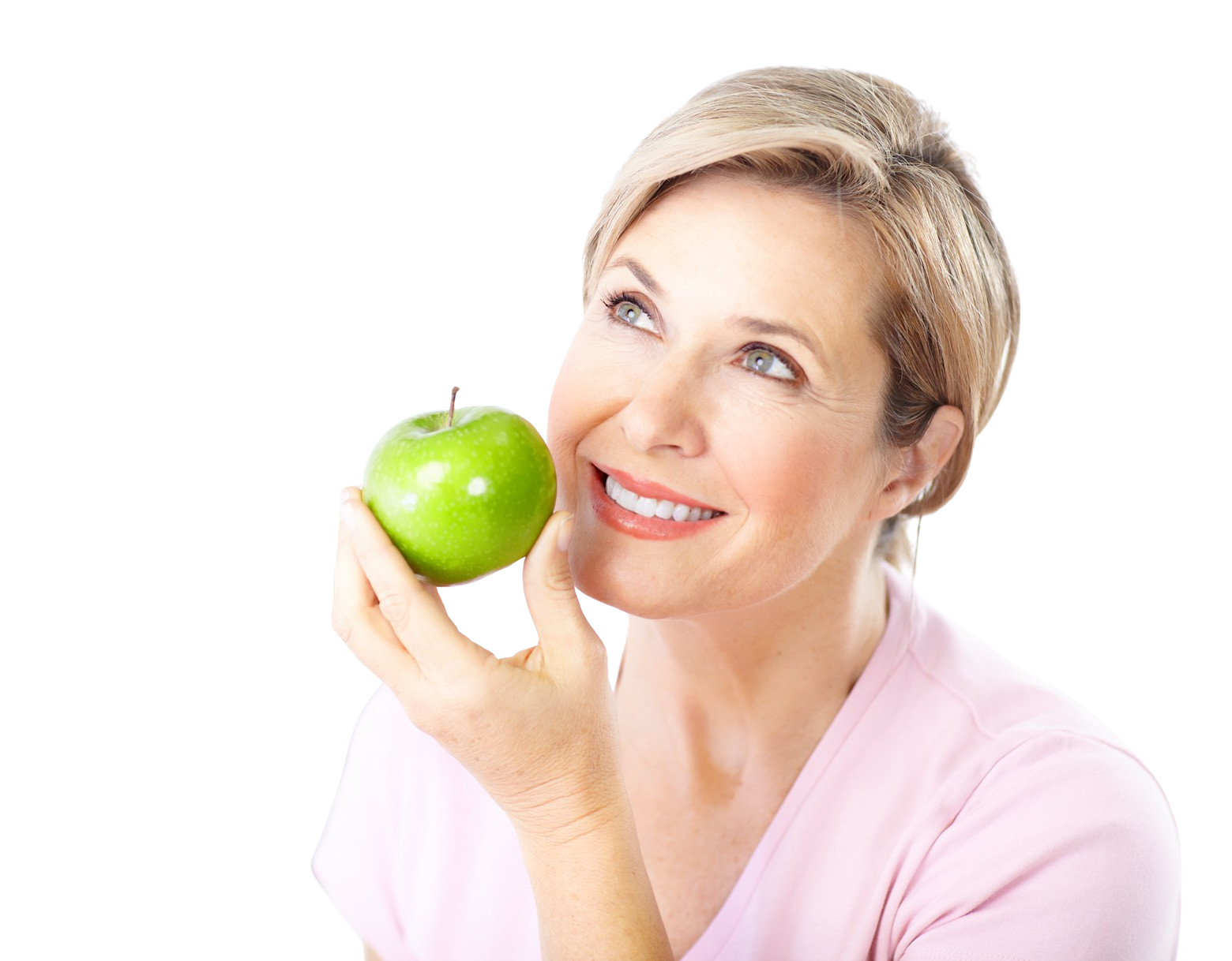Красота и долголетие. Здоровая женщина. Женщина с яблоком. Здоровая женщина в возрасте. Питание в климактерическом периоде у женщин.